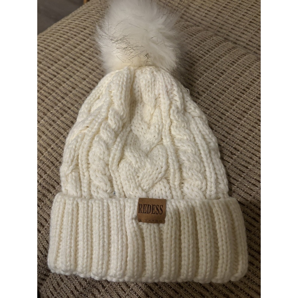 Redess Faux Fur Pompom Beanie Hat Cable Knit Fleece Lined Ski Snow Winter Womens